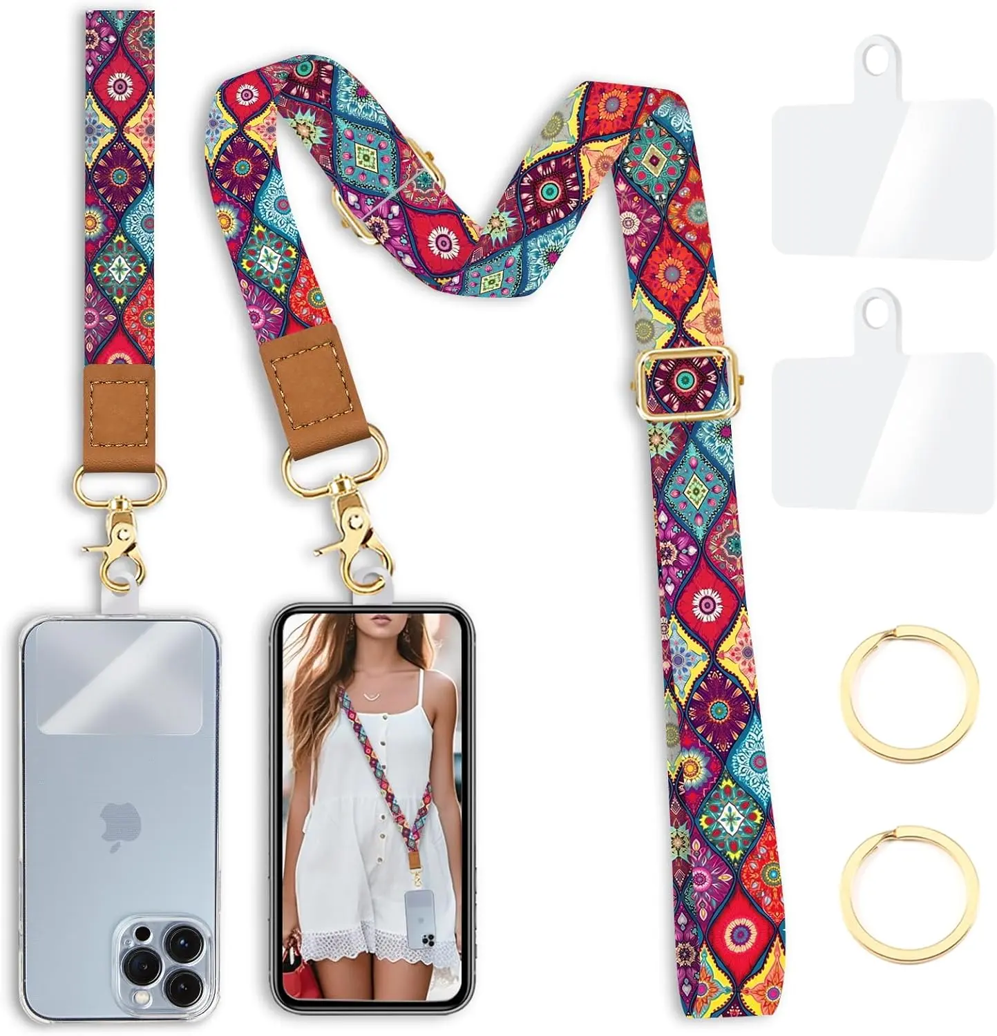 Boho Bohemian Phone Lanyard Crossbody Wrist Strap for Women - Adjustable ID & Badge Key Case for Women, Bohemian Style, Ideal for Women Cellphone Smartphone