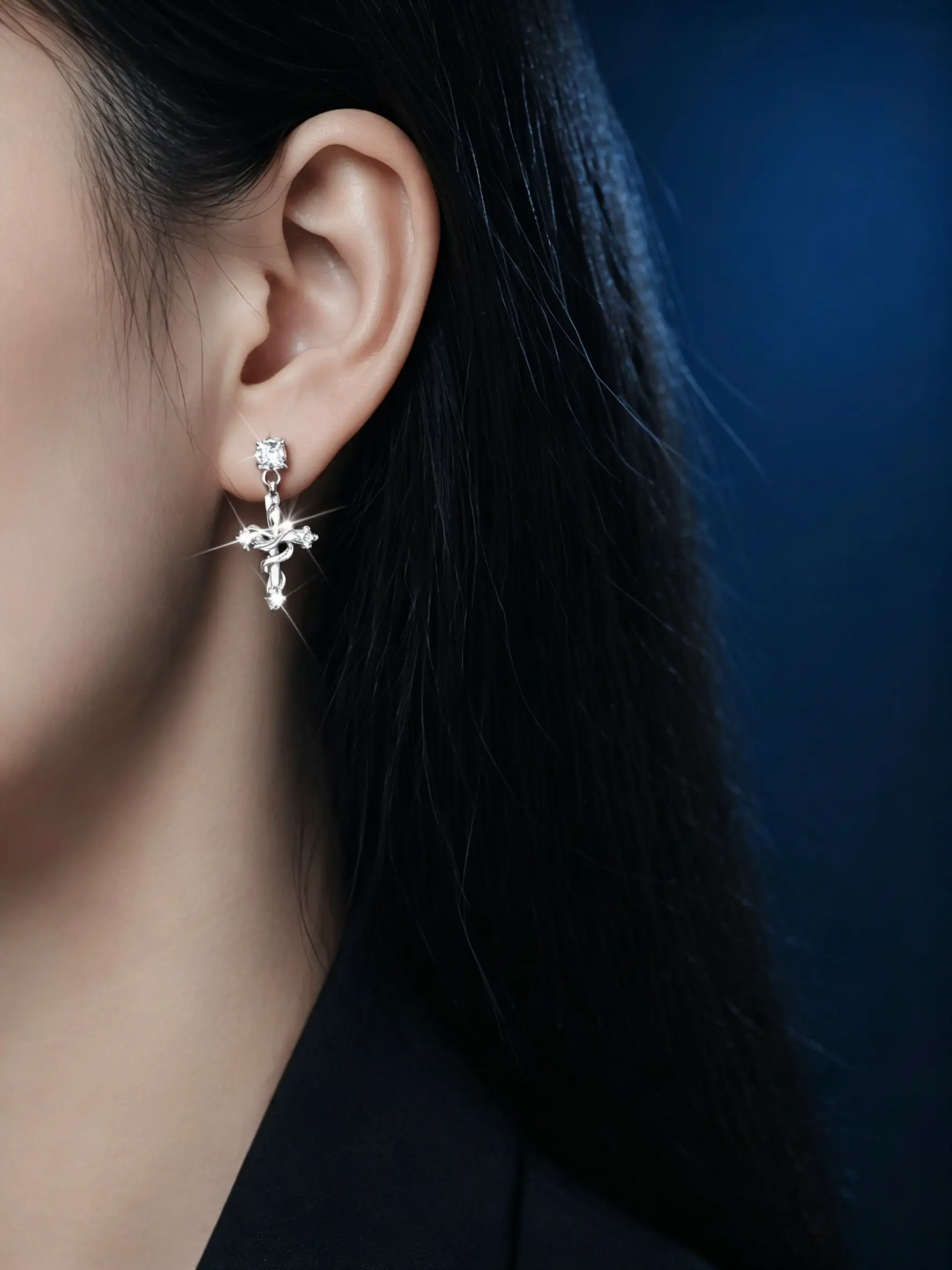 Gothic Snake Cross Earrings Set, Sparkling Clear & Red Cubic Zirconia Studs, Edgy Statement Jewelry for Night Out