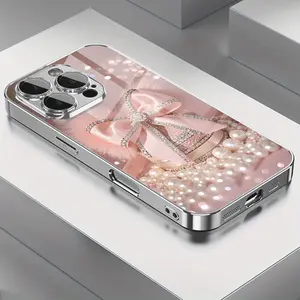 Sweet Luxury Pink Rhinestone Pearl Pom Pom Gift Box Pattern Electroplated Glass Phone Case with Lens Protection for iPhone 16/16Pro/16ProMax/16Plus/15/15Plus/15Pro/15ProMax,14/14Plus/14Pro/14ProMax,13/13Pro/13ProMax,12/12Pro/12ProMax,11/11Pro/11Proamx,7/8