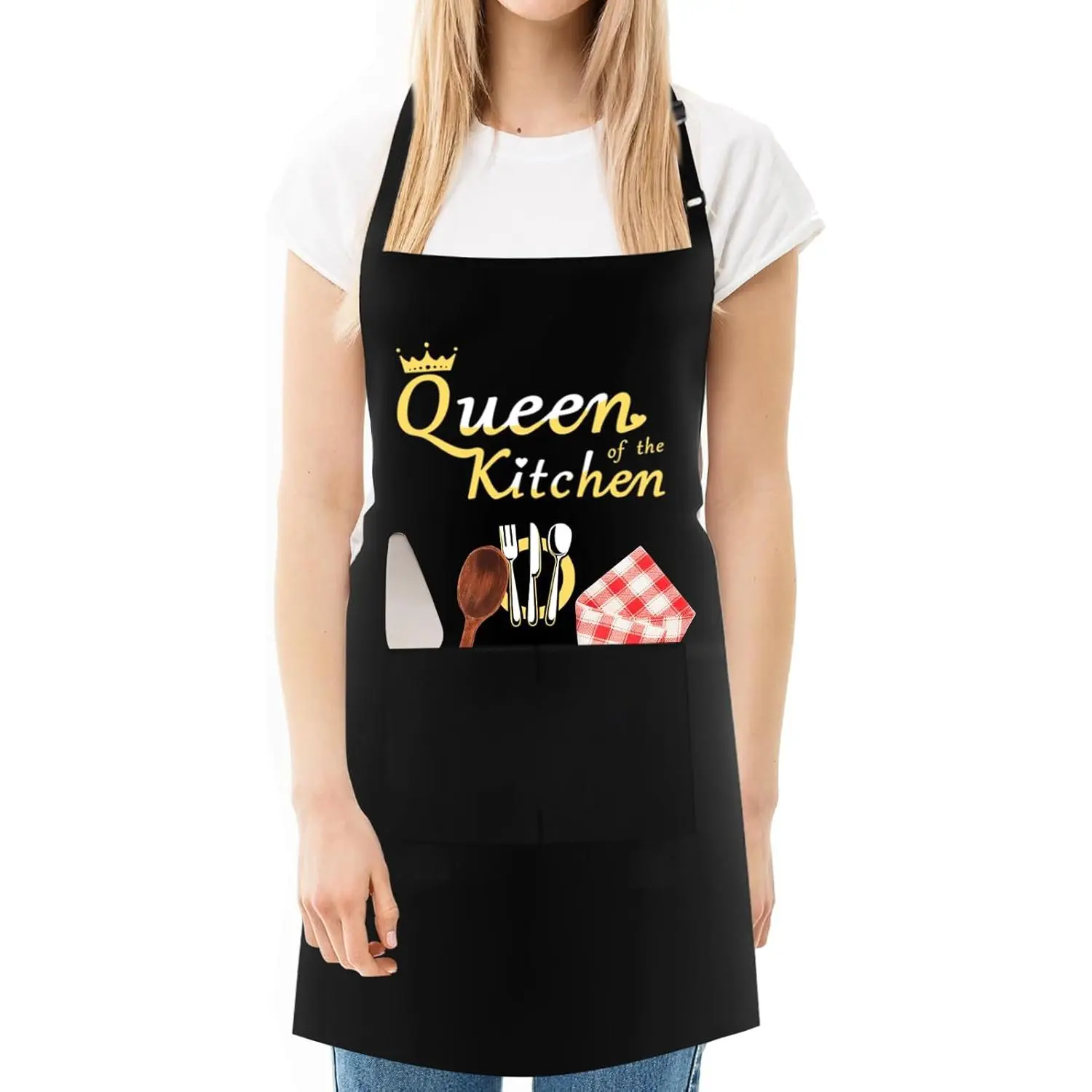 Funny Baker Apron for Mum, Kitchen of the , Adjustable Black Apron with 2 Pockets, Gifts for Mom, Wife, Girlfriend, Mother's Day, Birthday, Christmas (Water Resistant)