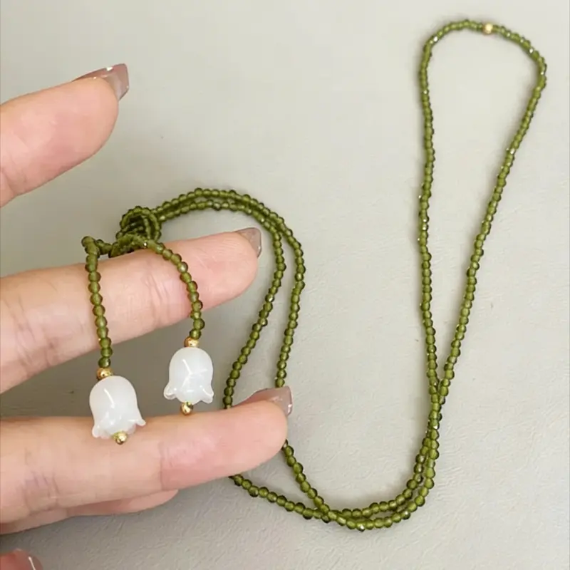 1 Piece Handmade Crystal Bead White Bell Orchid Necklace, Multiple Wearing Styles, Beaded Pendant Necklaces, Accessory Necklace