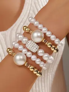 5pcs White Imitation Pearl & Cubic Zirconia Bracelet | Multi-Layer Elastic Bands for Women | Parties, Weddings, Prom, Mother's Day Gift