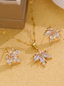 Maple Leaf Zircon Necklace Earrings Set, Elegant Jewelry for Women, Wedding Dinner Wear, Hypoallergenic, Sparkling, Skin-Friendly