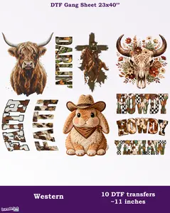 Western DTF Gang Sheet 9 Ready To Press Transfers 23x30. Darling, Howdy transfers. Same/Next Day Shipping