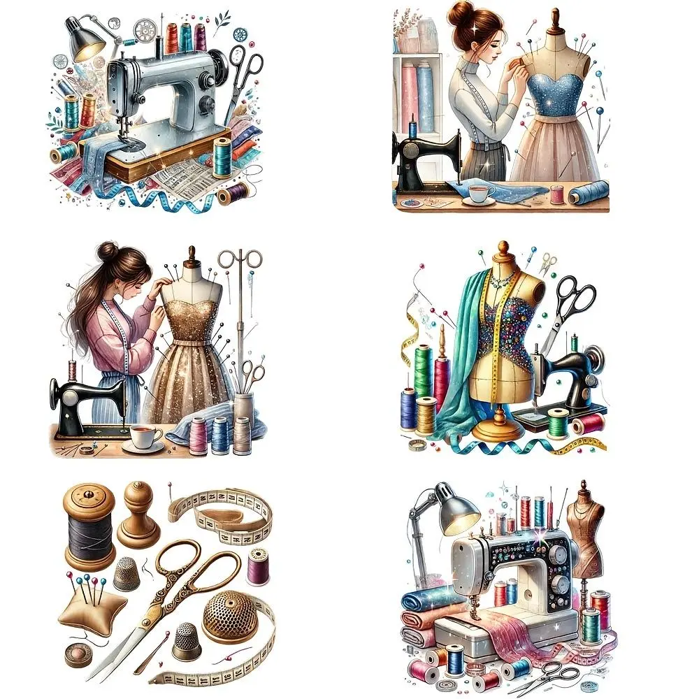 Sewing Themed Vinyl Heat Transfer Stickers, 6 Counts/set DIY Iron-on Patches for T-shirts, Washable and Durable, Craft Decoration Set