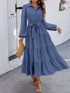V Neck Pleated Belt Waist Tie Casual Long Sleeve Dress, Comfortable Resort Wear for Women, Stylish Summer Dress for Any Occasion