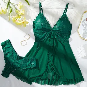 Sexy Lingerie Dress Set, Women'S Floral Lace Ruffled Mesh Semi Sheer Babydoll & Panty Lingerie Set