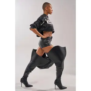 AKIRA GOLD CHROMEA BLACK THIGH HIGH STILETTO BOOT