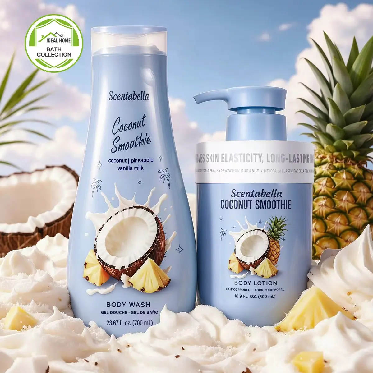 Creamy Coconut Body Wash & Lotion Set | Coconut Smoothie, Pineapple & Vanilla Milk Scent | Tropical Gourmand Shower Gel + Body Lotion | 2-Piece Self-Care Set