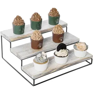 White Wood and Black Metal Tapletop Cupcake Holder Stand, Dessert Pastry Display Riser