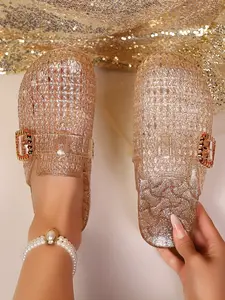 Summer New Simple Sequined Jelly Hollow Out Sandals, Rhinestone Buckle Cutout Multi-Color Outdoor Women's Shoes, Fashion PU Material