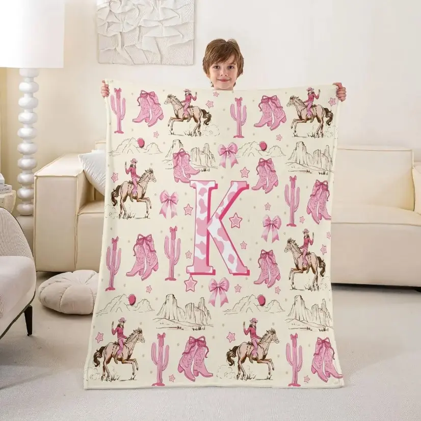 Personalized Pink Cowgirl Boot Blanket Monogram A Z Ultra Soft Flannel Throw Coquette Bow Western Horse Print Cozy Blanket for Girls Bedroom Decor Kids Room Gift Summer Vibes Style