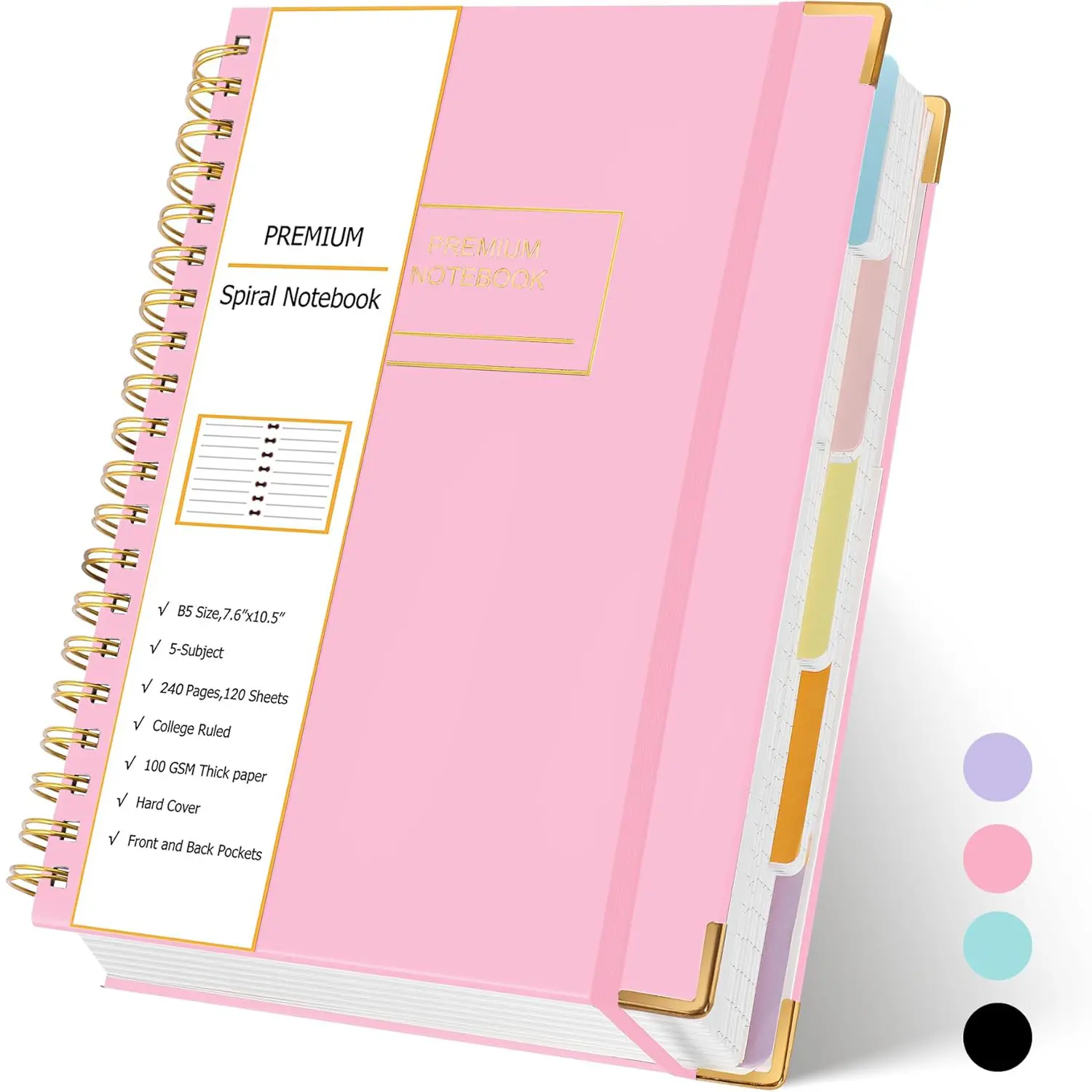 Durable Drawing Spiral Journal, B5 (10.5"x7.6") Hardcover 5-Subject Notebook with Dividers, 240-Page College Ruled 180° Lay-Flat Journaling Supplies for Women, Office Stationery Work Essentials, Durable Drawing Notebook, Office Stationery Supplies