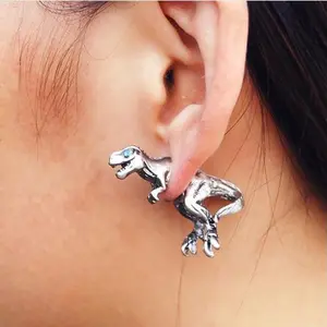 Two (2) - T-Rex Dinosaur Shiny Silver Cuff Earring Stud - Unisex - Metal