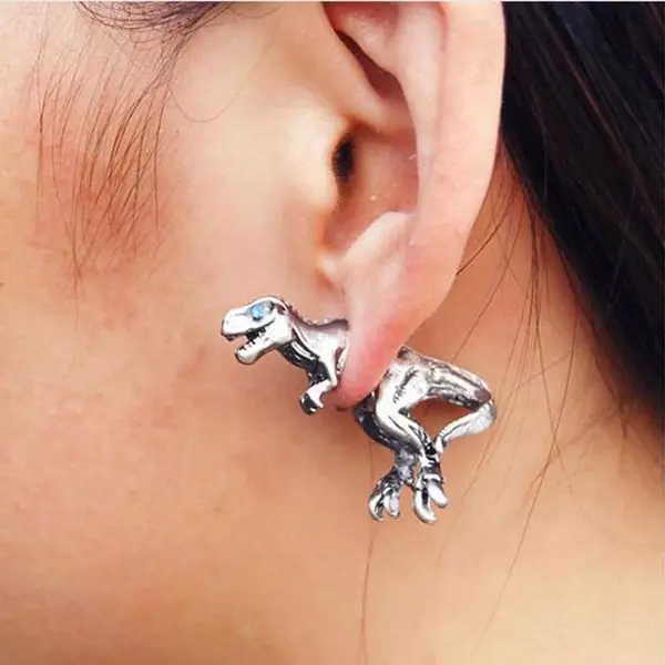 Two (2) - T-Rex Dinosaur Shiny Silver Cuff Earring Stud - Unisex - Metal