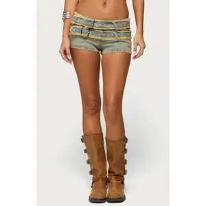 Edikted Women's Alyza Distressed Belt Washed Denim Micro Shorts