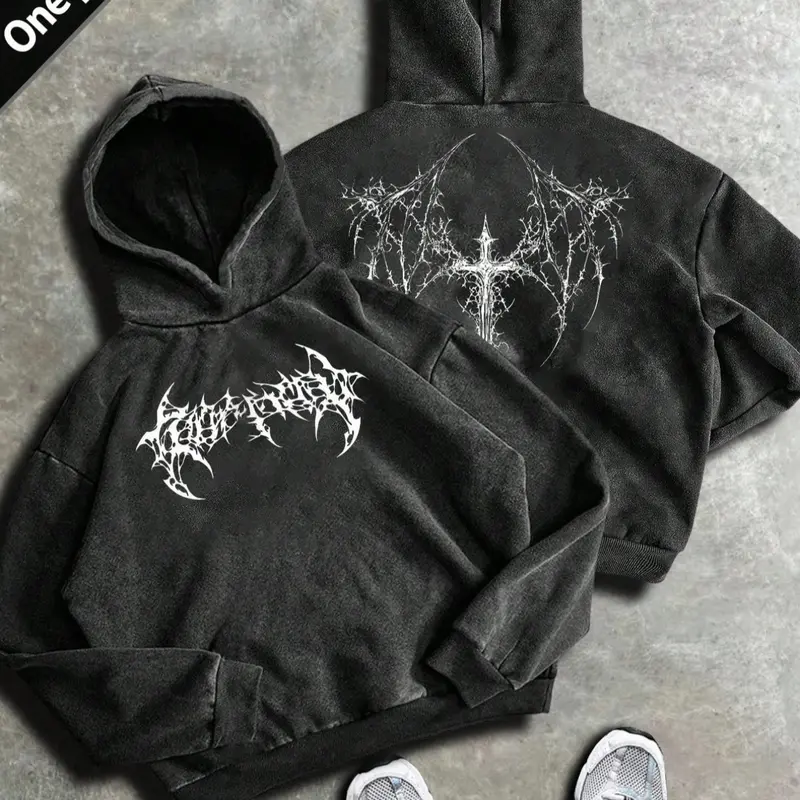 Unisex Gothic Style Gothic rune and thorn print washed cotton hoodie, Graphic Cotton Sweatshirt for Men & Women, Streetwear for Fall & Winter, Casual Daily Wear