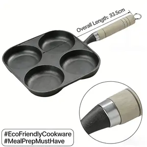 4-Cup Nonstick Egg Frying Pan - Compact Multifunctional Breakfast Skillet with Anti-Scald Wooden Handle, Gas & Induction Stove Compatible, Black Cookware for Omelets, Pancakes