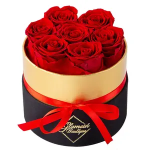 Lasting Beauty Round Black Gold Box | 7 Red Roses Decor Decorative Lasting Beauty Round Black Gold Box | 7 Red Roses Decor Decorative