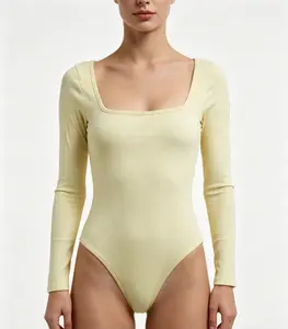 Butter Yellow Square Neck Ribbed Long Sleeve Bodysuit