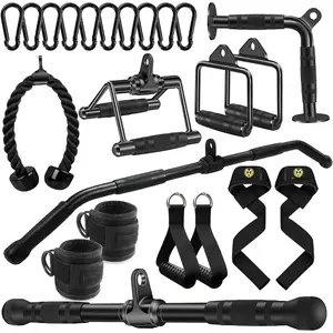 LAT Bar  Attachment with Rubber Handgrips, Deluxe Heavy Duty Solid Curl Bar Revolving Hanger  Gym  Attachments (Black 35.5 inch Set)