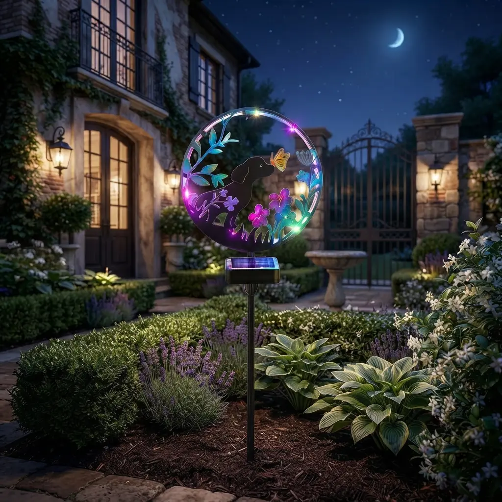 Solar Garden Lights - Waterproof Metal Hoop Stake Lights with Cute Dog, Butterfly & Colorful LED Glow, Outdoor Pathway Decor for Lawn, Patio, Whimsical Animal Landscape Lighting