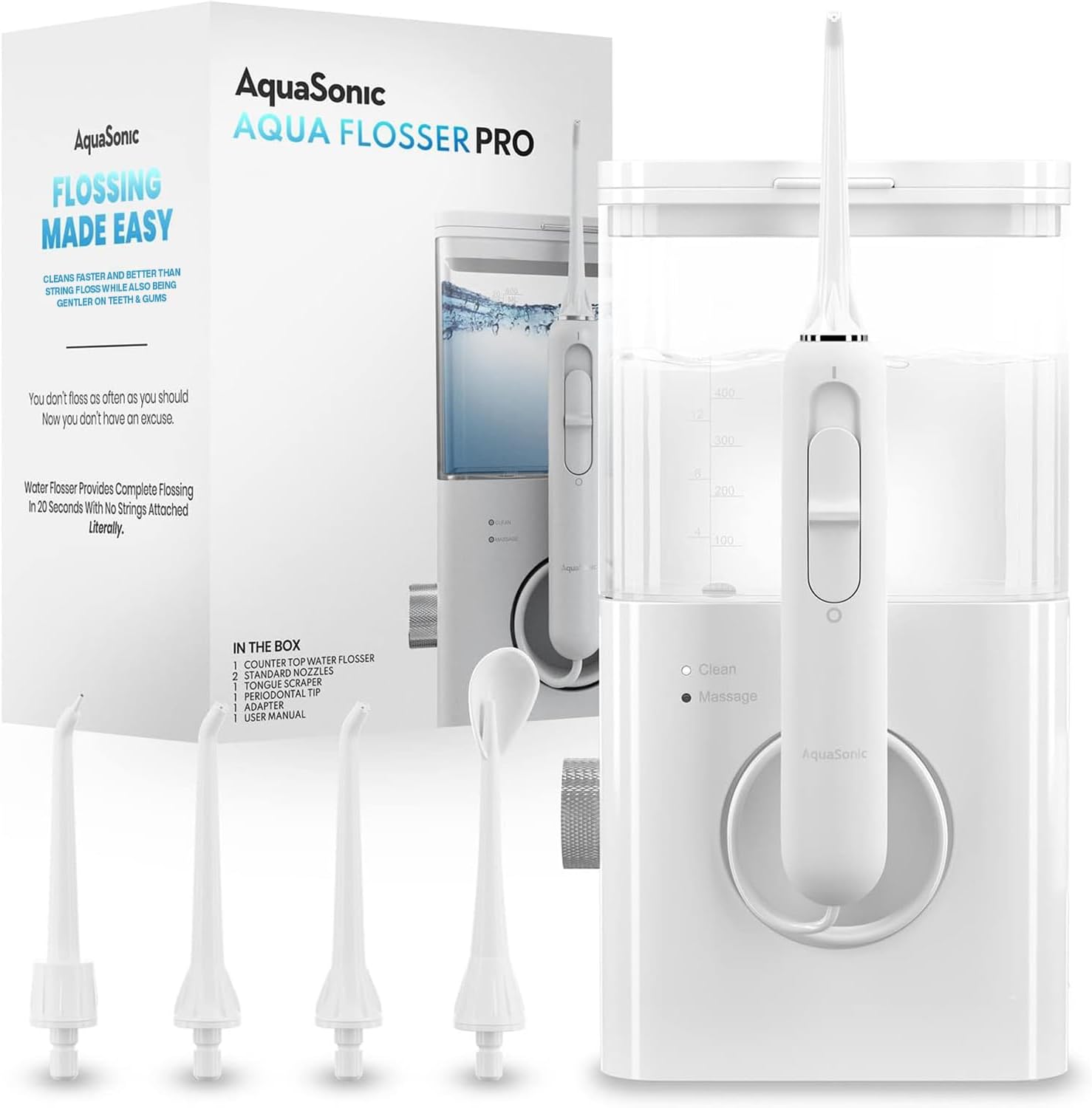 AquaSonic Aqua Flosser PRO Professional Oral Care Waterfloss for Effective Teeth Cleaning with 4 Jet Tips 2 Modes & 10 Pressure Levels