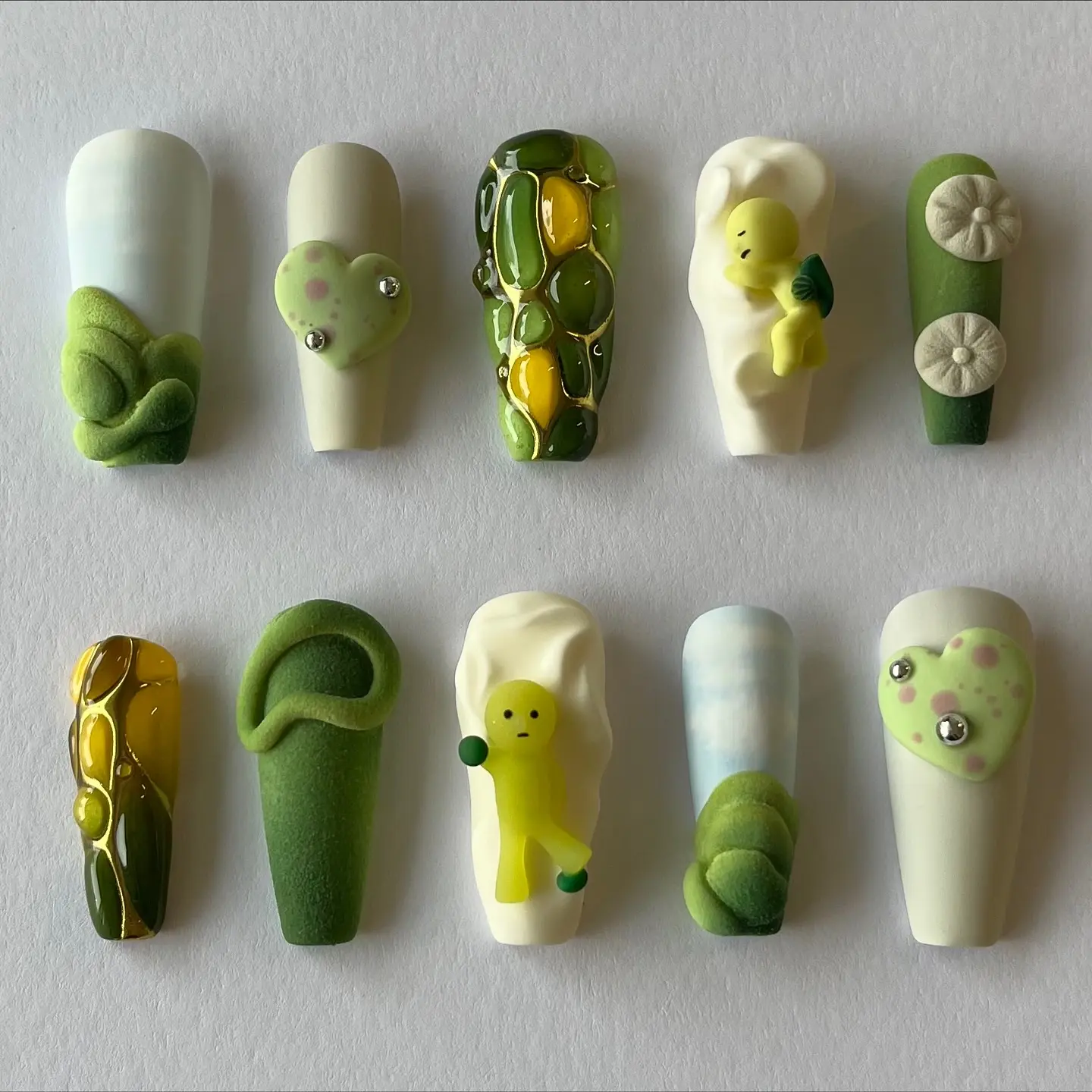Smiski Press On Nails, Green 3D Nature Nails, Cute Character Velvet Texture Kawaii Y2K Fake Nails | Free Adhesive Tabs Nail File Cuticle Stick