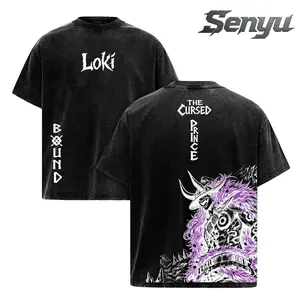 Loki Washed Tee – One Piecee Anime Elbaf Giant Prince Manga Graphic Double Printed T-Shirt, Menswear Heavy Cotton Unisex Oversize Streetwear Vintage Anime Tee Tropical Crewneck Oversized Stylish Tshirt Love Top Black