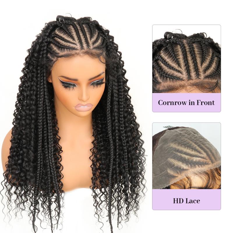 13X6 HD Lace Frontal Half Braided Curly Wigs Synthetic Half-Cornrows Half-Curly Wig with Baby Hair Pre Styled Braid Wigs,18Inch