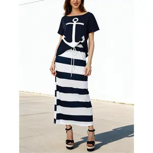 Women's 2025 Boat Anchor Print T-Shirt & Striped Drawstring Skirt Set Casual Chic Summer Outfit