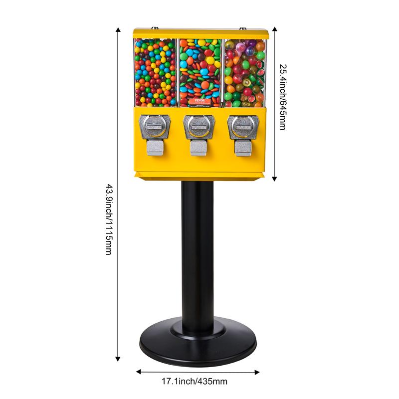 VEVOR Commercial Vending Machine,  , Triple Compartment Candy Dispenser with Iron Stand, Gumball and Candy Machine for Business, Coin Operated Gumball Bank for Toy Capsules Bouncy Balls Candy Nut, Yellow