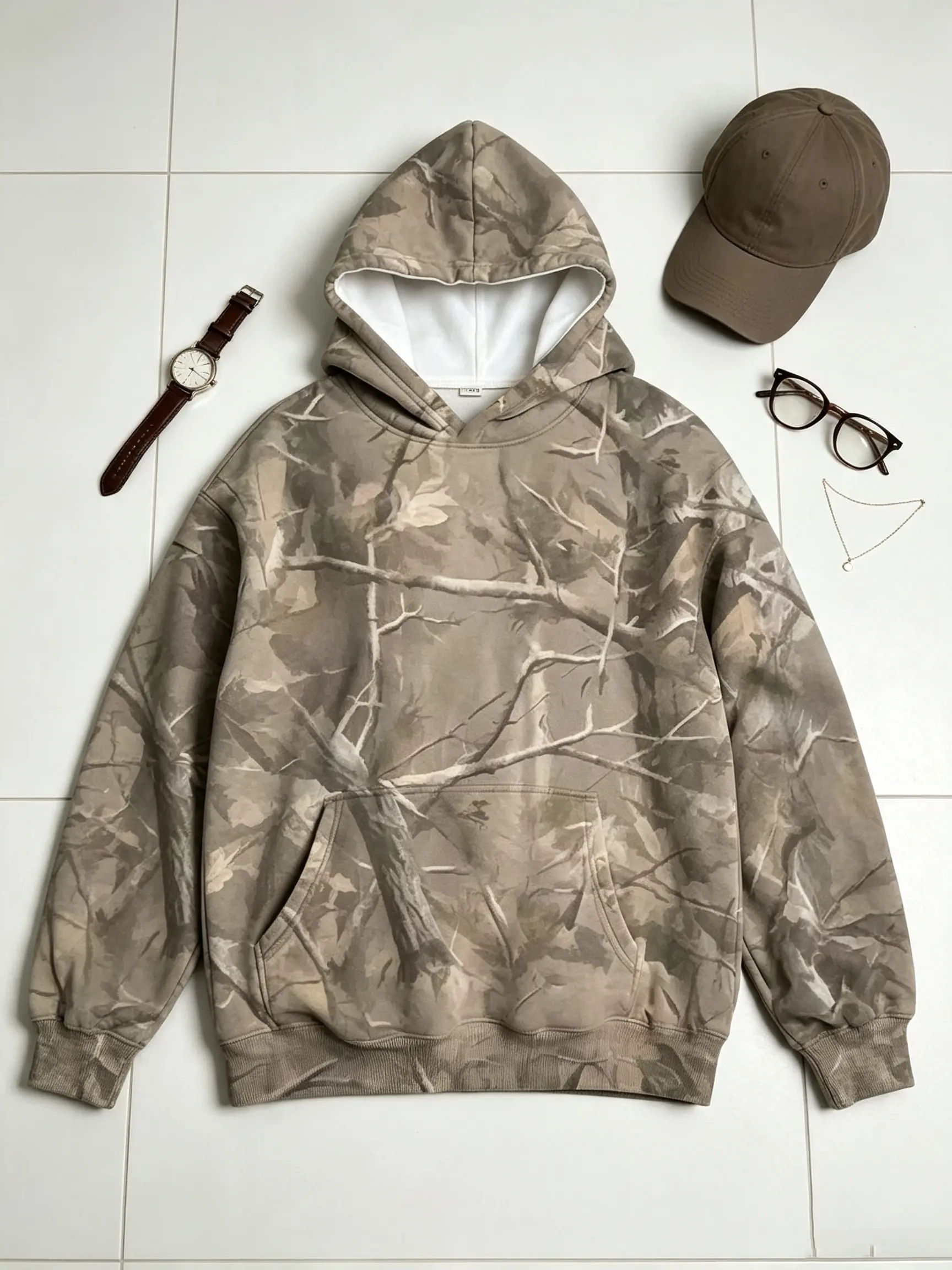 Women's Casual Camouflage Hooded Wool Pullover - Maple Leaf Print, Oversized, Long Sleeves, Pockets, Fashionable Easy-to-Wear Top