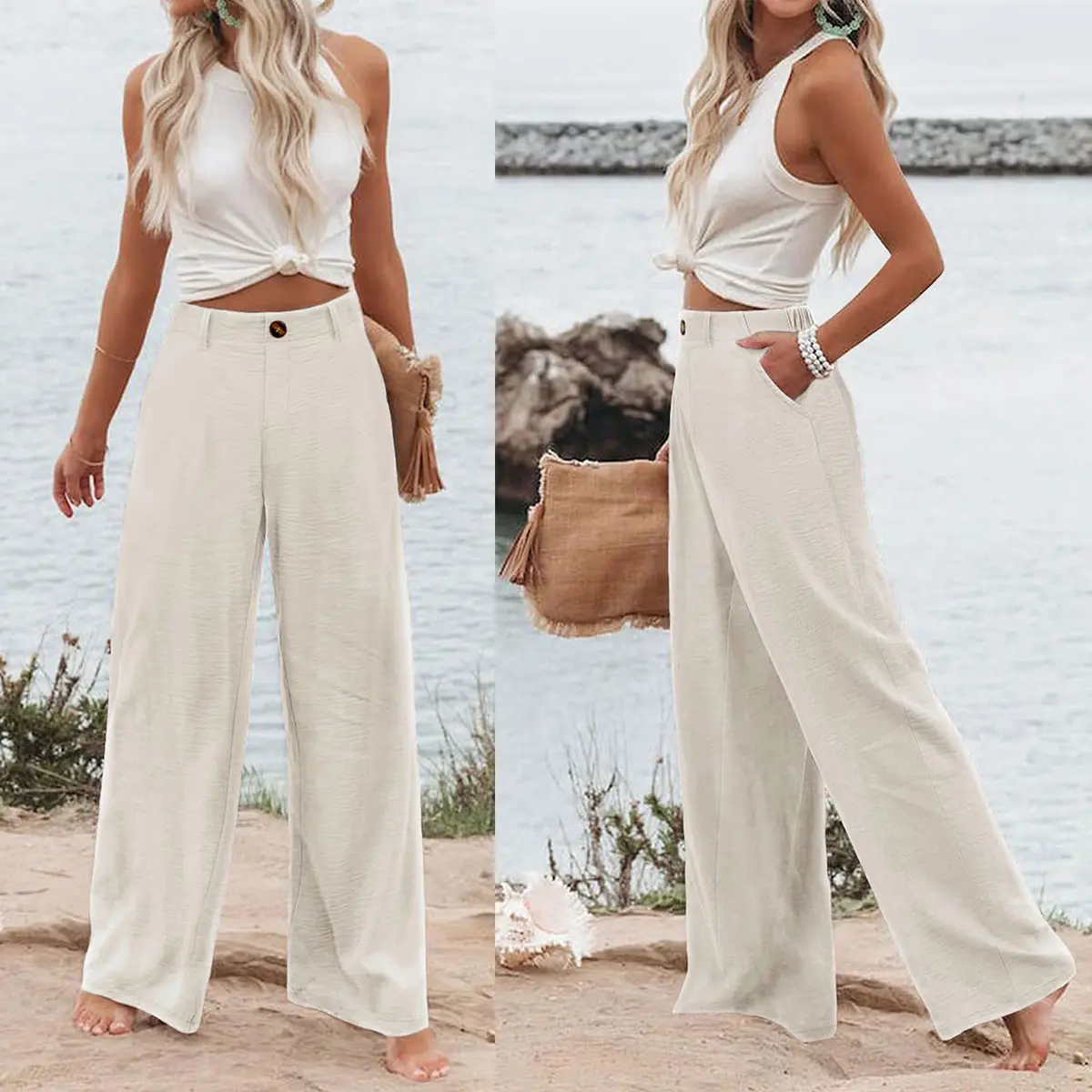 Molitree Womens Cotton Linen Pants Casual Button Up High Waisted Wide Leg Trousers Wideleg Loose Womenswear Apricot
