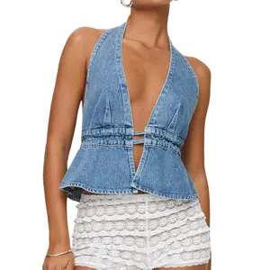 Women Halter Top, Tie-up Sleeveless Tops Backless Solid Summer Denim Vest for Club Party
