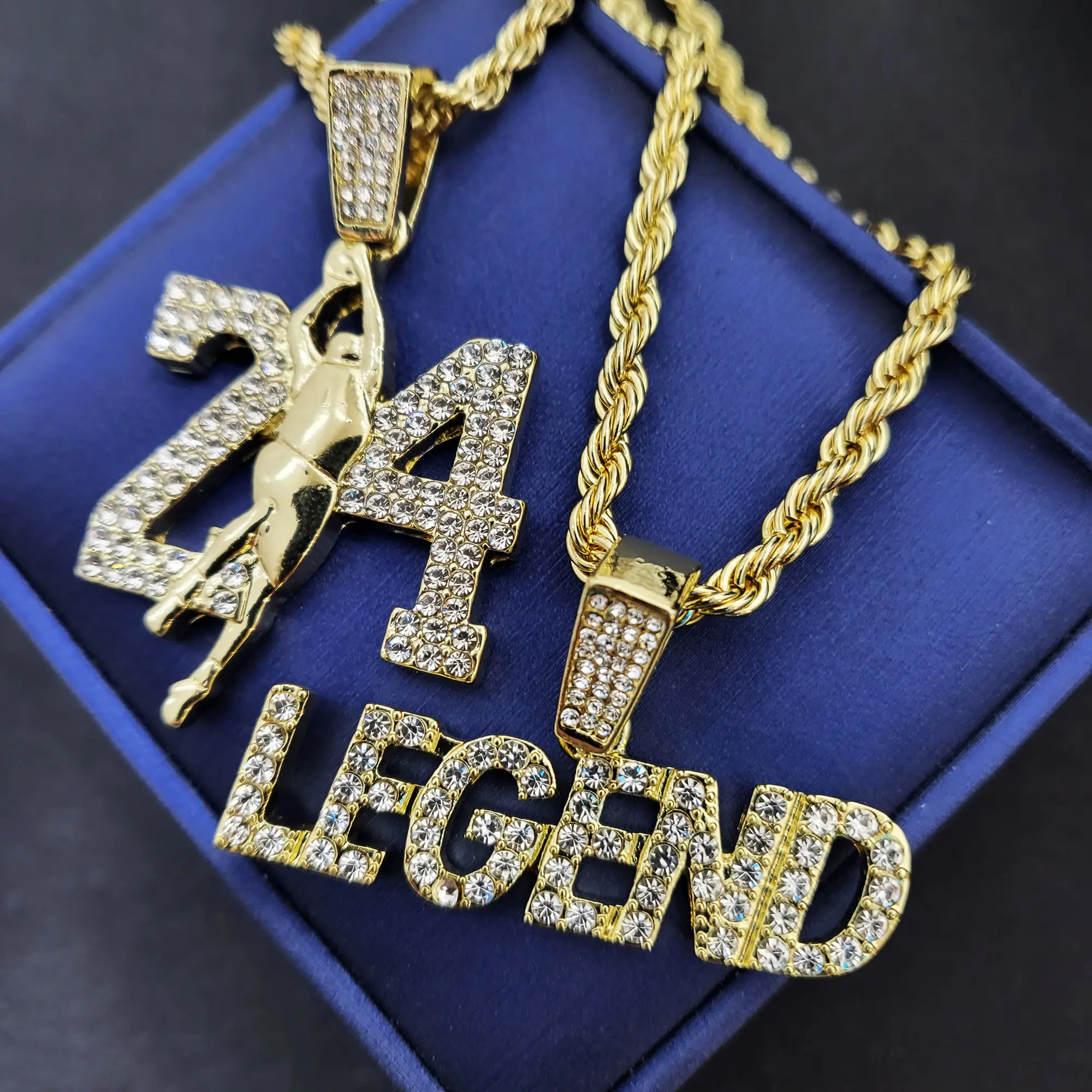 MaxBling81 14K Gold Plated Number 24 Basketball Hoops & LEGEND Sports Pendant, 4mm 24" Rope Chain, Celebrity-Inspired Cubic Zirconia Hip Hop Style Fashion Necklace Gift Set