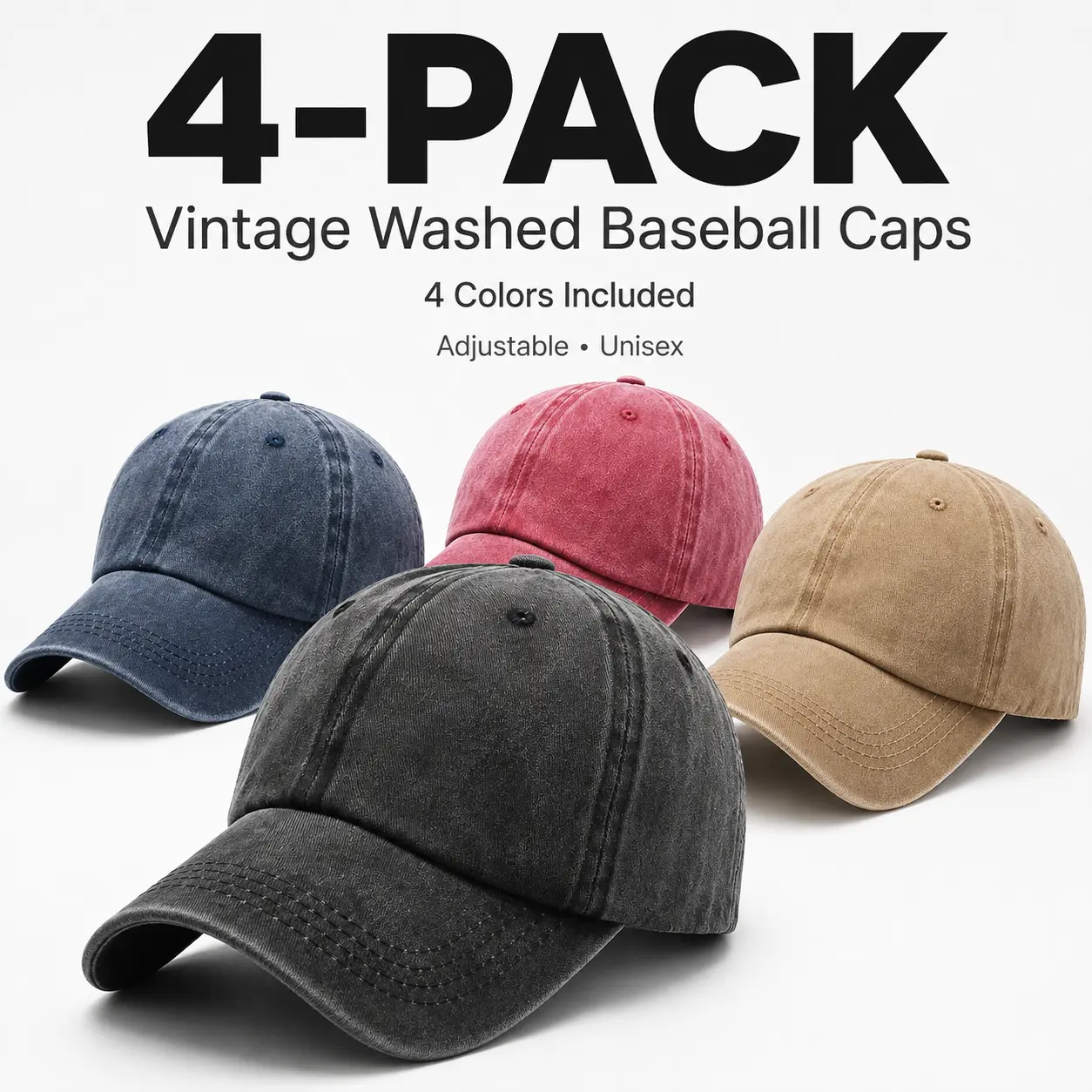 4 Pack Vintage Washed Baseball Caps, Adjustable Distressed Dad Hats for Men Women, Solid Color Casual Unisex, Low Profile Caps, Everyday Streetwear,hat