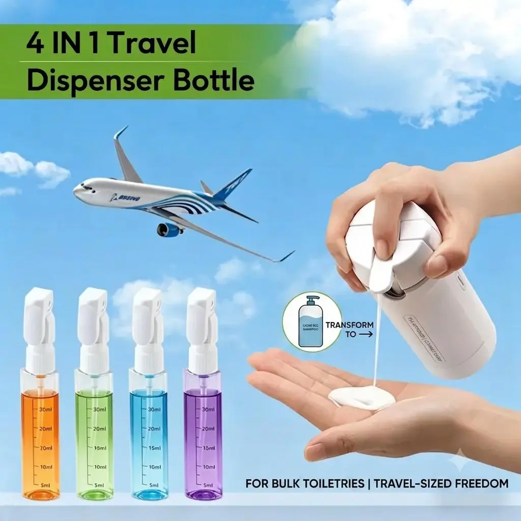 4-in-1 Rotatable Travel bottle - Leakproof Easy-Press Pump for Shampoo, Lotion, Cosmetics - Compact Plastic Toiletry Storage with Smooth Flow, Carry-On Bathroom Essential White