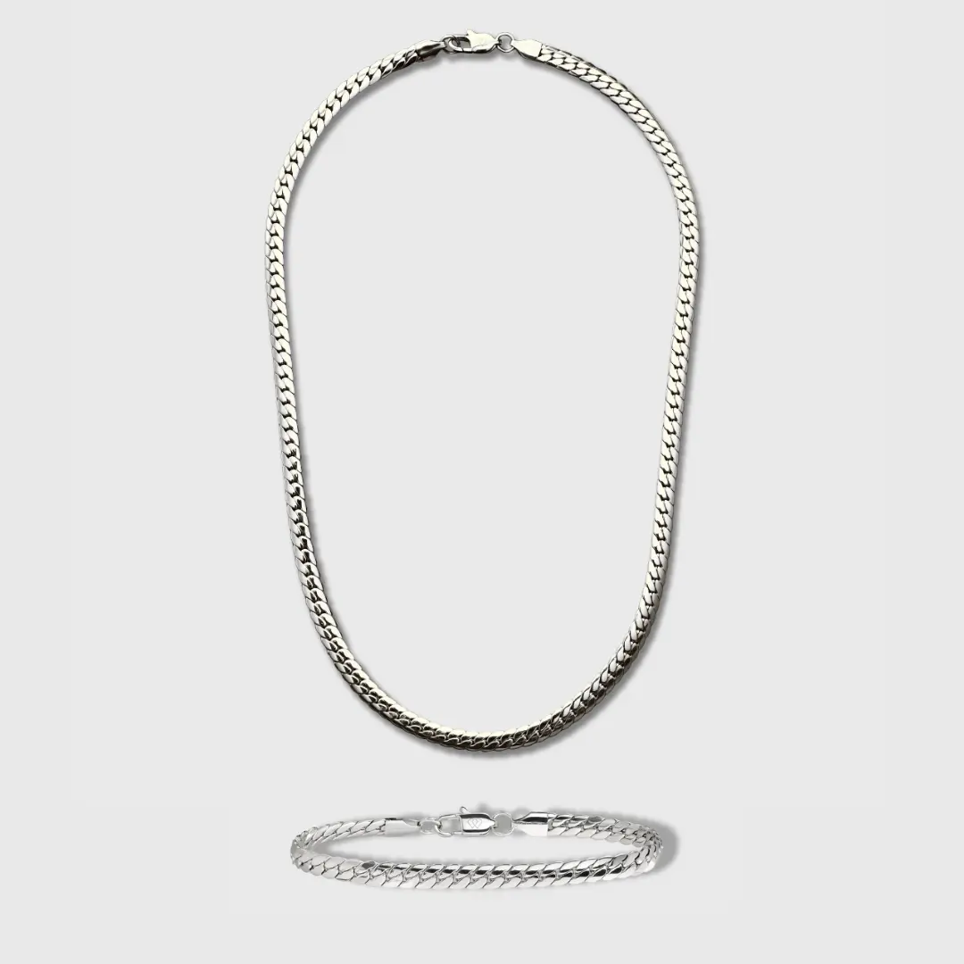 5mm Silver Miami Cuban Link Necklace and Bracelet Matching Set - Bold and Clean Look, Classic Cuban Style, Flat Links, Everyday Fashion Accessory for Effortless Styling
