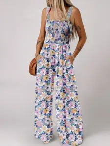 【Plus Size】 Floral Print Fitted Pocket Jumpsuit, Boho Fashion Casual Strappy Sleeveless Jumpsuit for Daily Holiday Vacation Wear, Women Plus Clothing for Summer