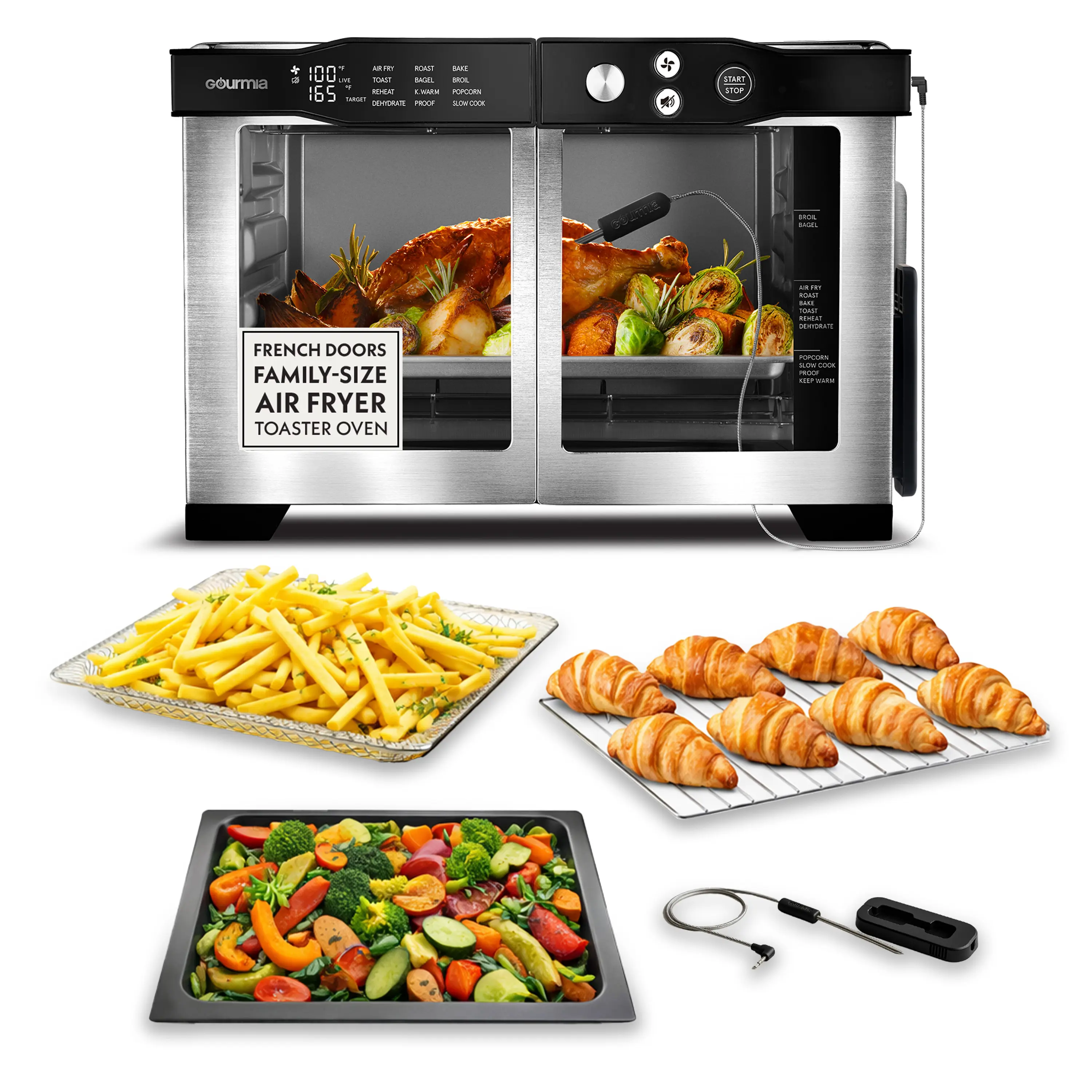 Gourmia French Door 6-Slice Digital Air Fryer Toaster Oven - 24L Countertop Convection Kitchen Appliance with Integrated Temperature Probe, Multifunction, Kitchen Appliances