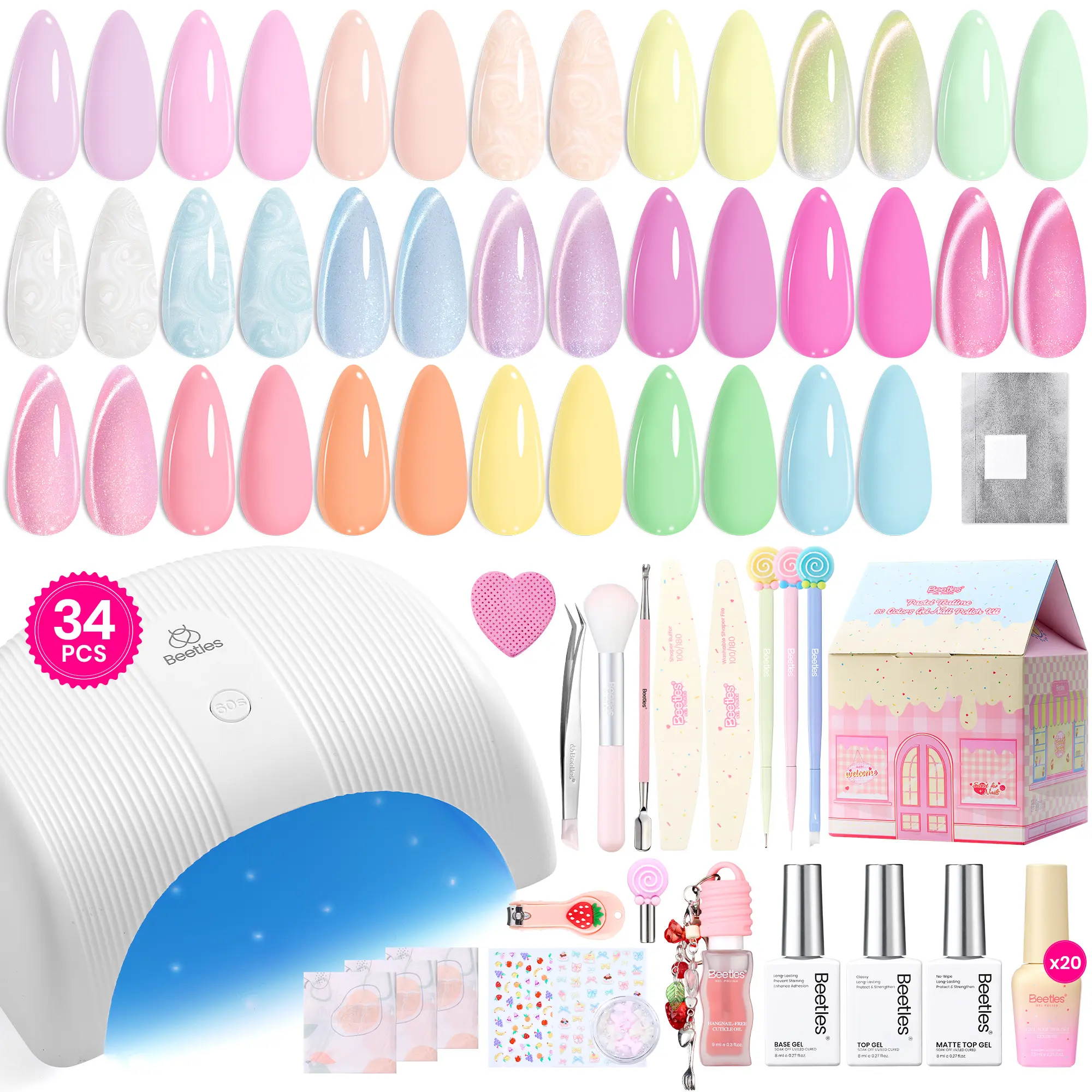 Beetles Spring Gel Nail Polish - Pastel Pink, Blue, Green, Yellow Shades, Soak-Off, Pearl, Rhinestone, Floral, Silicone, French Nail Art Kit, DIY Manicure Gifts for Teens & Women