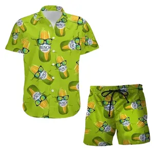 Vintage Busschh Light Corn Tropical Fern Men's Hawaiian Shirt and Short Light Beer Lovers Swim Trunks, Father's Day Aloha Gift for Him, Trendy Casual Breathable Surfing Beach Shorts Swimwear Menswear