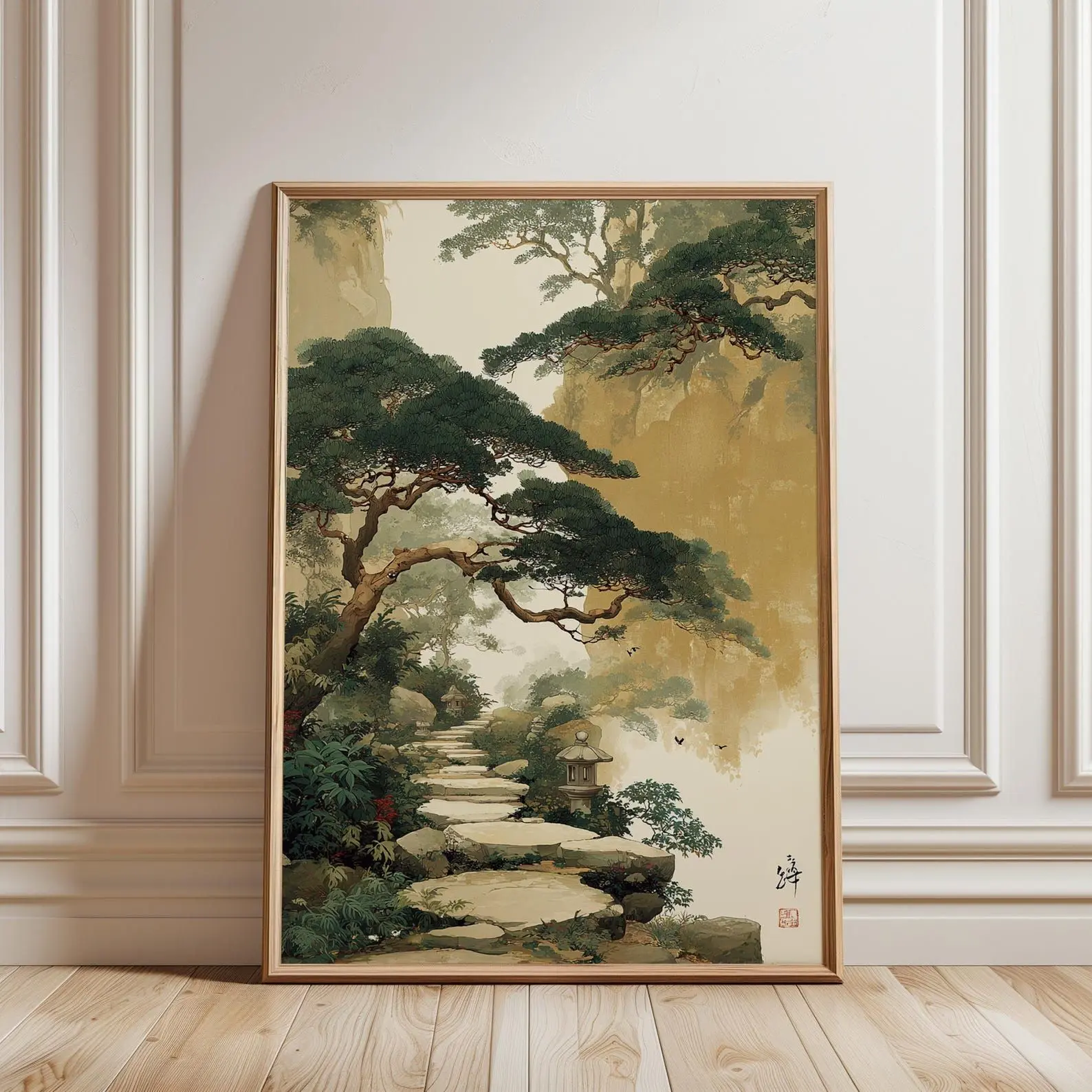 Japanese Garden Path Poster Green Beige Wall Art Forest Landscape Illustration Print Serene Asian Nature Home Decor, Japanese Vintage Art