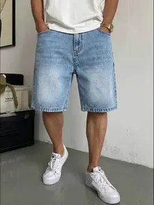 American Vintage Light Blue Denim Shorts, Casual Fitted Style, Adjustable Fit, Drawstring Waist, Practical Pockets, Short Length, Men's Fashion Pants