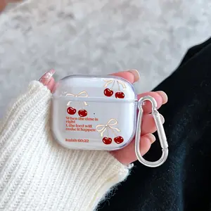 Cherry Bow Promise Pattern Protective Case for AirPods 4/3/2/1/Pro/Pro2 Soft TPU Earphone Cover, Transparent with Keychain