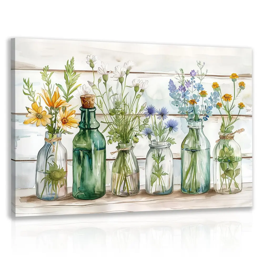 Green Bathroom Wall Art, Vintage Rustic Farmhouse Wall Decor, Watercolor Floral Canvas Painting, Sage Green Plant Aesthetic Picture for Bathroom Laundry Room Decor