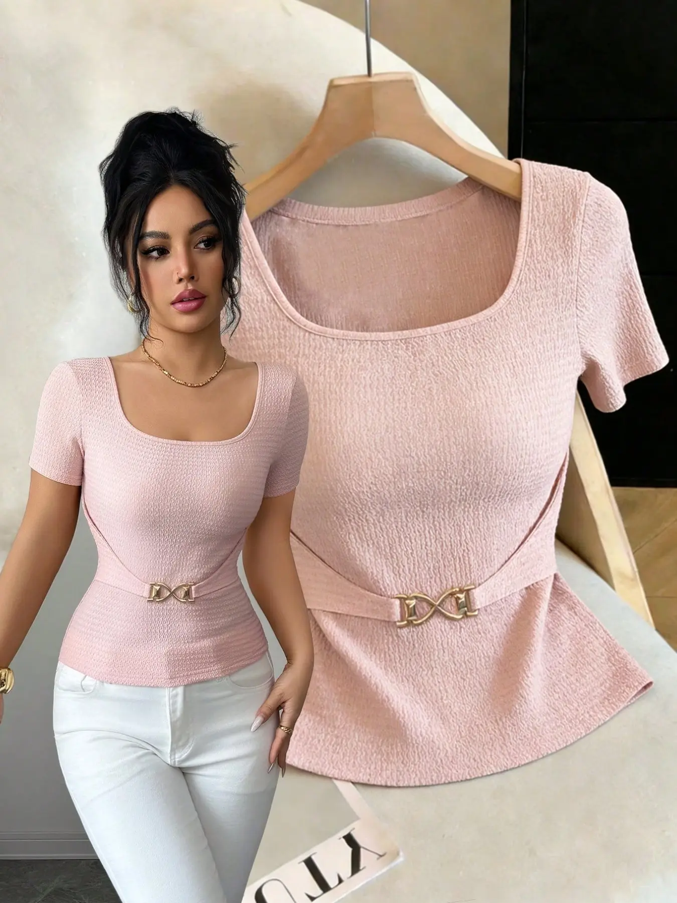 New Wave Texture Knit Fabric Square Neck Waist Chain Decorative Slim Fit Basic Casual Elegant Aesthetic Chic Sweet Unique Versatile Short Women's T-Shirt, Womenswear Summer Tops, Fashionable Casual Wear