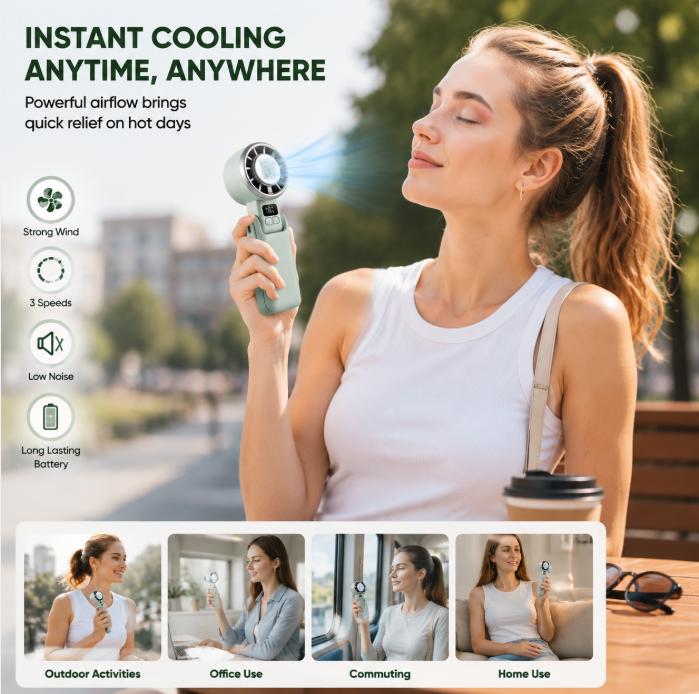 Portable Handheld Turbo Fan with Ice Cooling Plate, Rechargeable Mini Personal Fan with Digital Battery Display, Powerful Adjustable Airflow, Compact Pocket Fan for Travel, Outdoor, Commute, Office, Beach & Summer Essentials