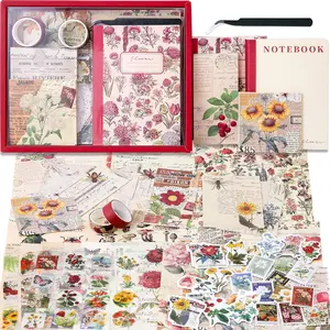 Vintage Aesthetic Scrapbooking Supplies Kit, Flowers Botanical Bullet Junk Journal Kit with Journaling Supplies, Tweezers, A6 Grid Notebook,Stationery,Sticker, Birthday Craft Gift for Adult